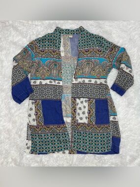 Chico’s Patchwork 100% Linen Duster Cardigan Womens Size 3 Boho Open Front 16-18
